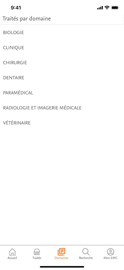 EMC mobile - EMC mobile app screen showing a list of medical domains including biology surgery and radiology