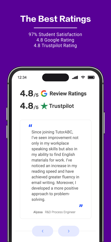TutorABC app interface showing high user ratings and a testimonial from a professional learner about improving English skills.