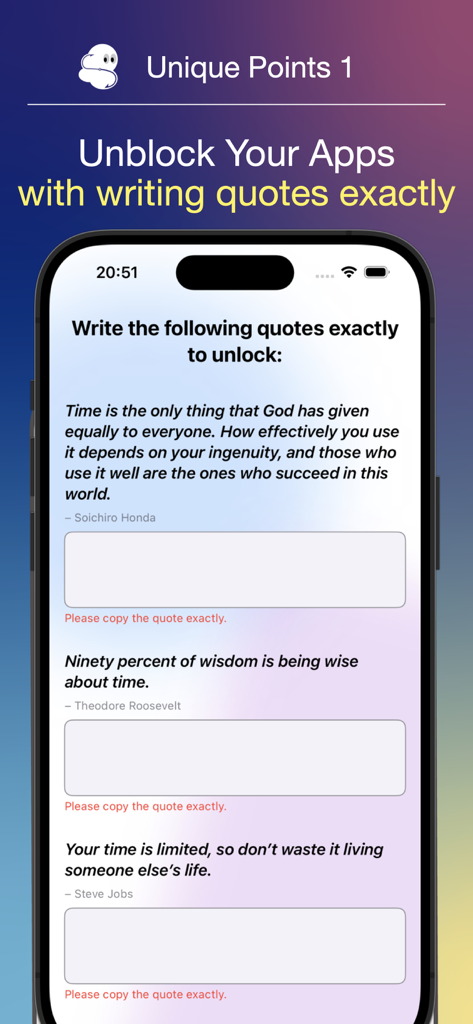 Time Rich (Digital Detox) - Time Rich app interface showing a requirement to type quotes exactly to unlock blocked apps