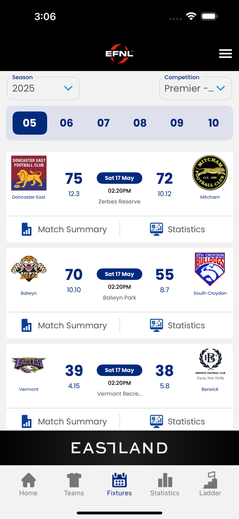 EFNL app screenshot showing match fixtures and scores for the 2025 season including Doncaster East versus Mitcham.