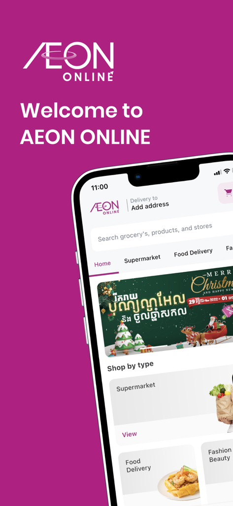 AEON Online - Interfaz de la aplicación móvil AEON Online que muestra la pantalla de bienvenida y la página de inicio con categorías como Supermercado y Entrega de Comida.