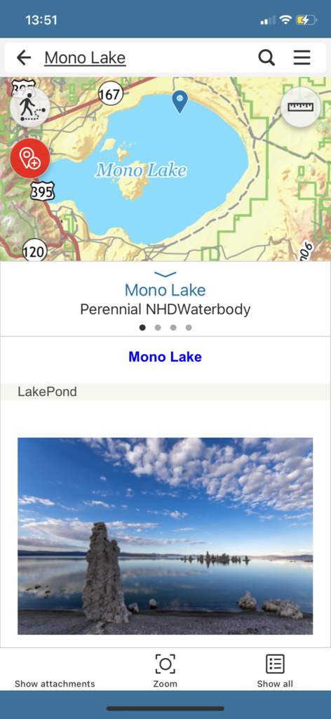 CoGIS Mobile - CoGIS Mobile interface showing map identification for Mono Lake with attached field photo