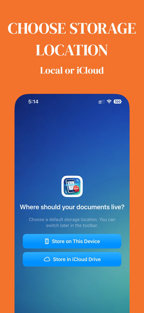 PaperSnap PDF Scanner - Storage selection screen in PaperSnap PDF Scanner offering local device or iCloud Drive options
