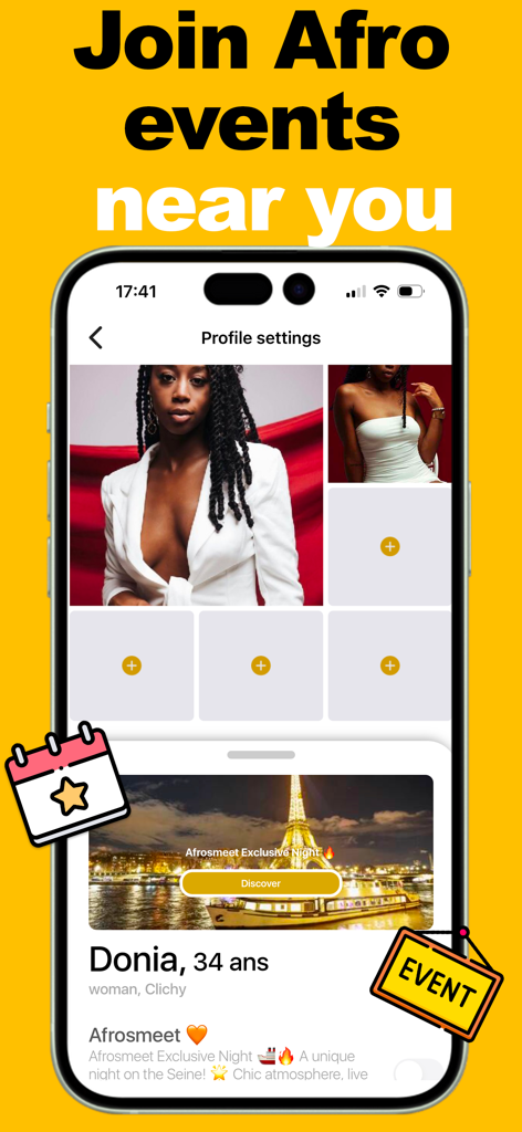 Afrosmeet – Black Dating App - Pantalla de la aplicación de citas Afrosmeet para negros que muestra eventos culturales locales y un perfil de usuario para citas de negros