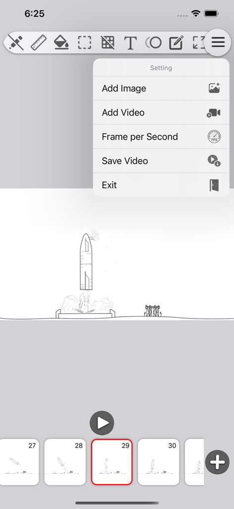 Animation Studio – FlipBook - Interfaz de la aplicación Animation Studio mostrando una línea de tiempo de animación cuadro por cuadro y un menú de configuración abierto.