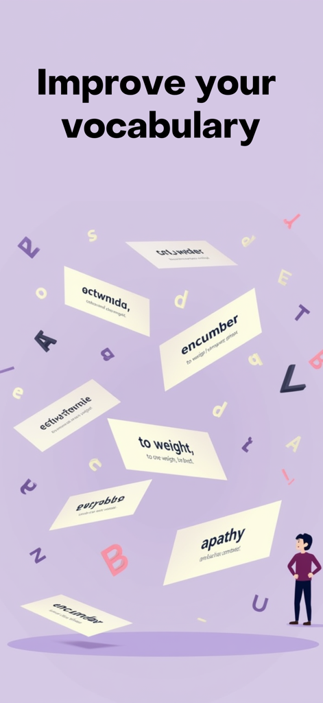 Vocab Builder: Learn new words - Vocab Builder app screen showing floating word cards with definitions to improve vocabulary