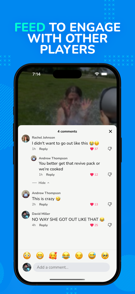 Mobile screen showing a social feed with player comments and reactions on a water elimination video in the Splashin app