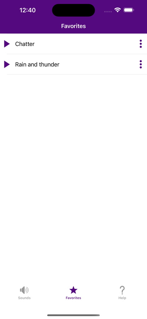 Notification Sounds Ringtones - Favorites screen of the Notification Sounds Ringtones app showing saved audio tracks like Chatter and Rain and thunder