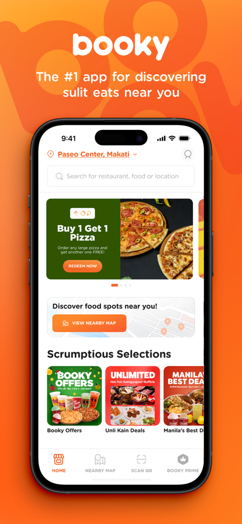 Booky - Food and Lifestyle - Booky mobile app home screen showing food discounts Buy 1 Get 1 pizza deals and local restaurant discovery features in Manila