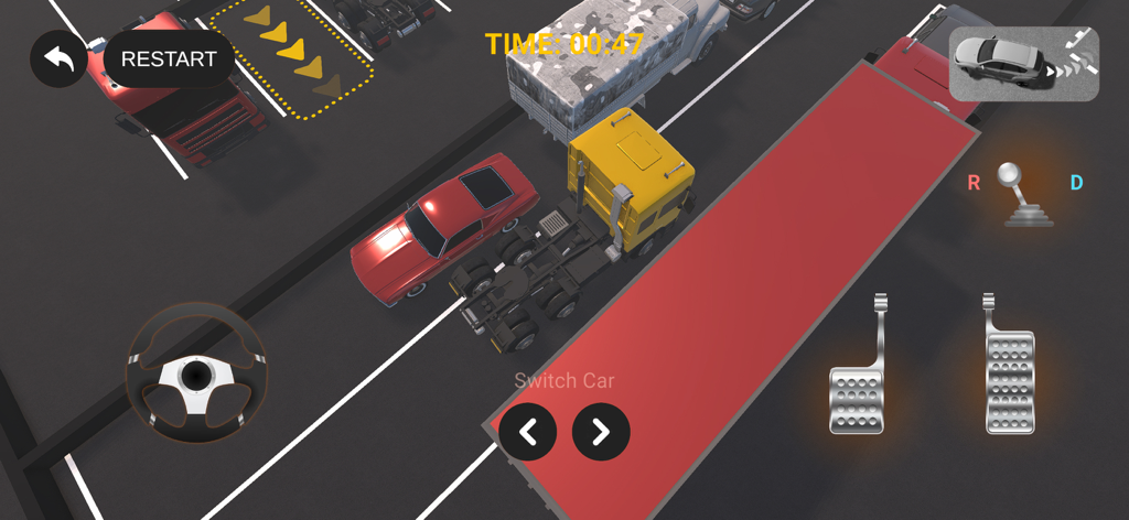 3D Car Parking Driving School - Top down view of a 3D car parking simulator showing a yellow truck and on screen driving controls