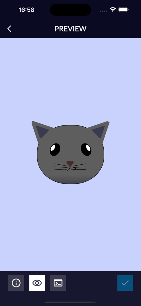 Eine Vorschau-Bildschirm in der freeCodeCamp-Mobil-App, der ein graues Cartoon-Katzen-Gesicht als Ergebnis einer Coding-Übung anzeigt.