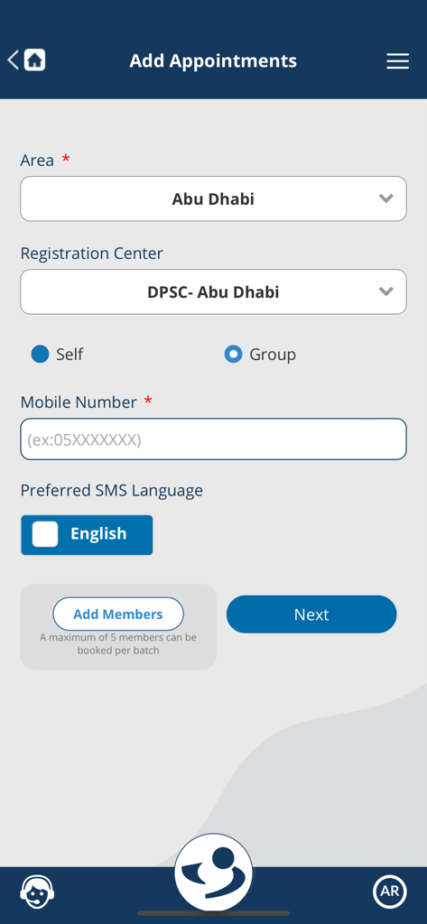 Screen for adding appointments in the SEHA Visa Screening app with location and registration center selection.