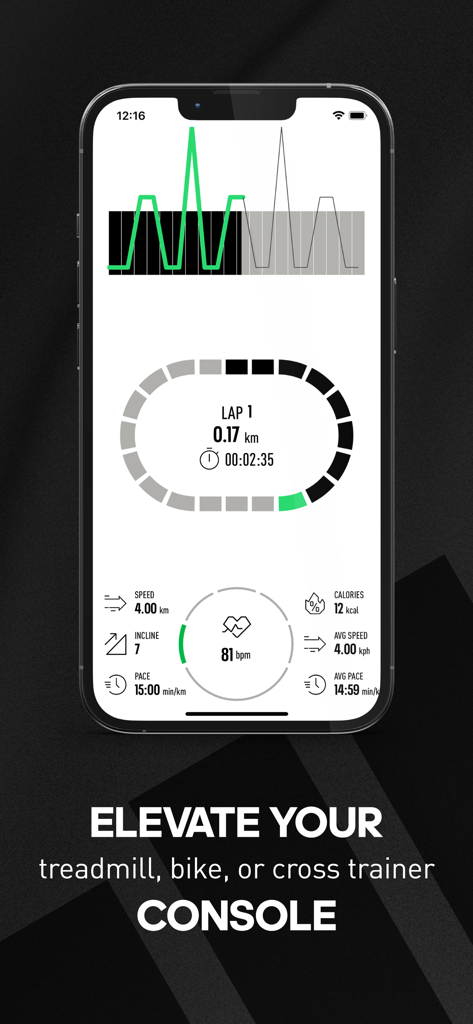 adidas Console+ - Dashboard der adidas Console plus App, das Trainingsmetriken wie Herzfrequenz und Geschwindigkeit auf einem Smartphone anzeigt.