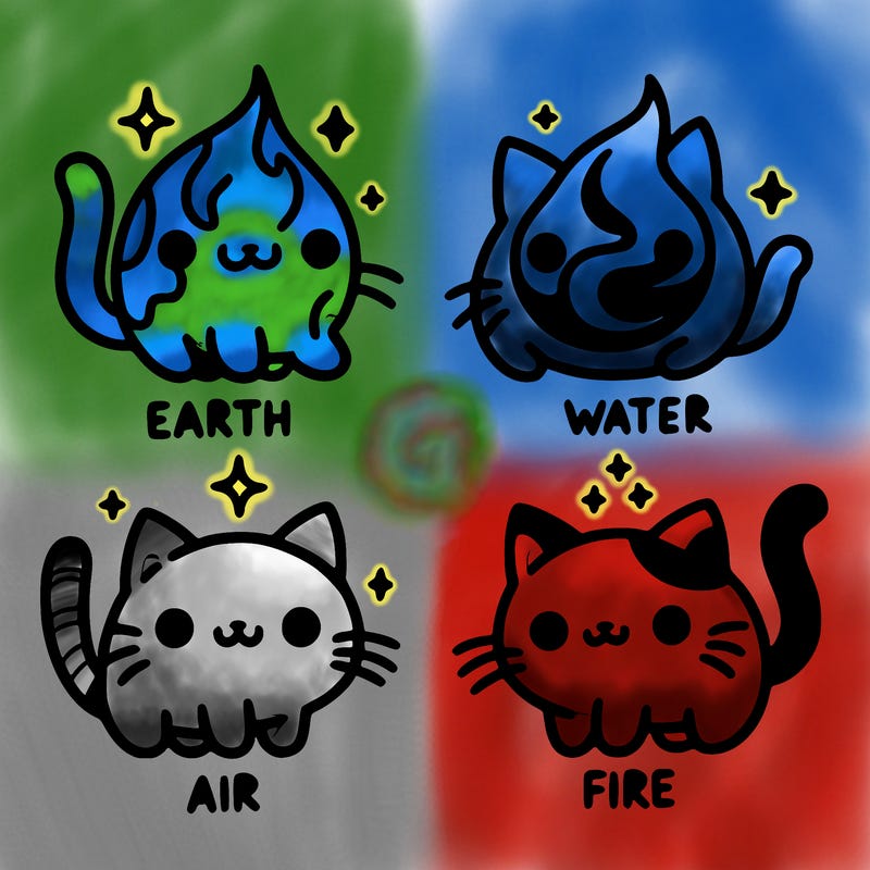 4 cats that represent the different elements, earth, water, air, and fire