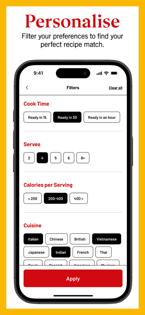Interface of the Good Housekeeping Recipes app showing various filters like cook time, servings, calories, and cuisine to personalize recipe searches.