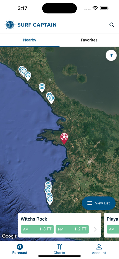 Surf Captain - Map interface of the Surf Captain app showing coastal surf spots and a forecast card for Witchs Rock