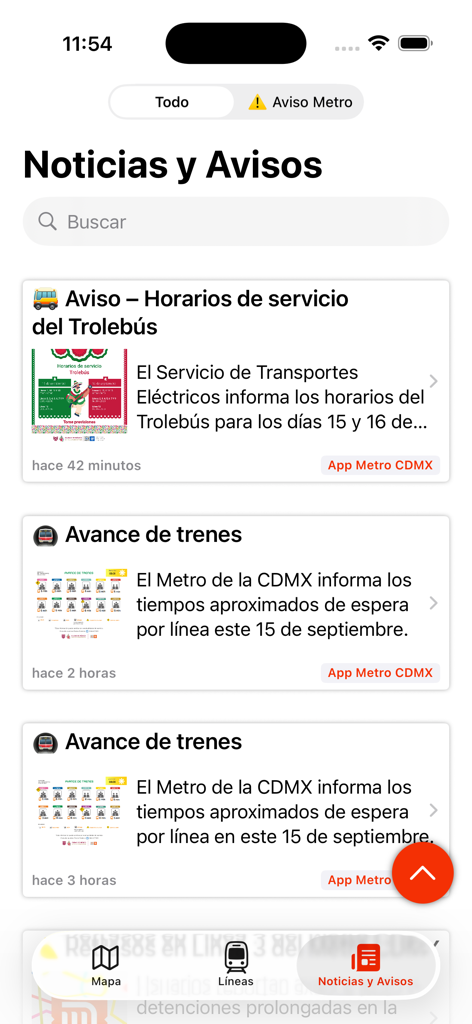 Tela do aplicativo Metro CDMX mostrando notícias de trânsito em tempo real e alertas de serviço para o metrô e ônibus elétrico
