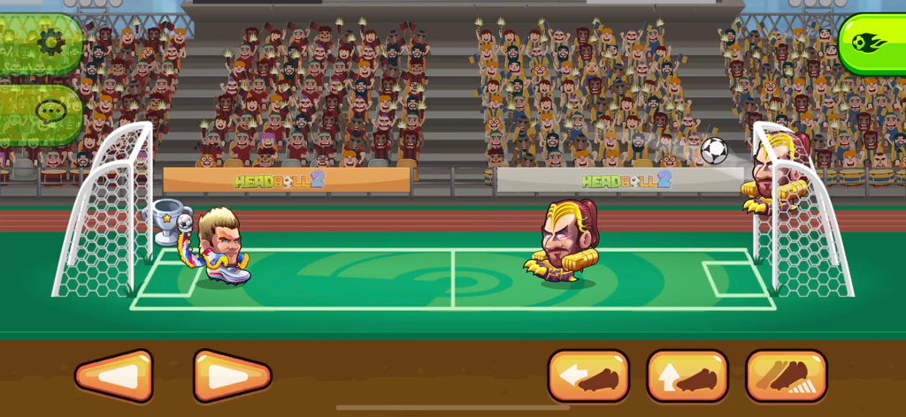 Head Ball 2 - Soccer Game - Head Ball 2の1対1サッカー対戦のゲームプレイ画面、頭の大きなキャラクターと画面上のコントロールが表示されている