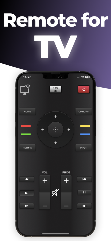 Unimote : smart TV remote - Unimoteアプリのインターフェース。iPhone上に仮想スマートTVリモコンが表示されています。