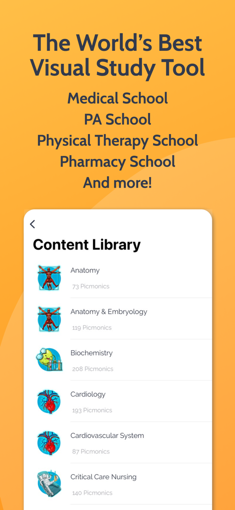 Picmonic Medical School Study - Screenshot of Picmonic app showing the content library with medical subjects like anatomy and biochemistry