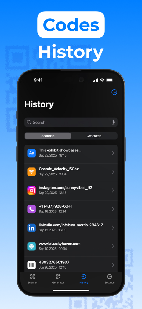A history screen in the QR Scanner app showing a list of recently scanned codes including websites, social media links, and barcodes.