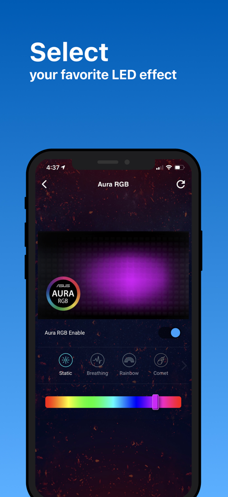 ASUS Router - Interfaccia dell'app ASUS Router per selezionare effetti di illuminazione LED Aura RGB come respiro e arcobaleno