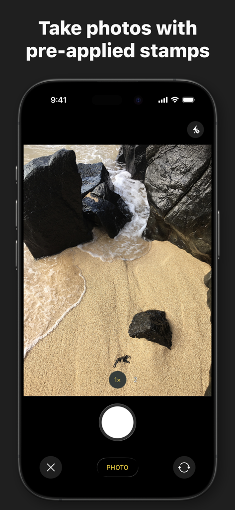 DateStamper - iPhone screen showing the DateStamper app camera interface with a beach scene and the text Take photos with pre-applied stamps