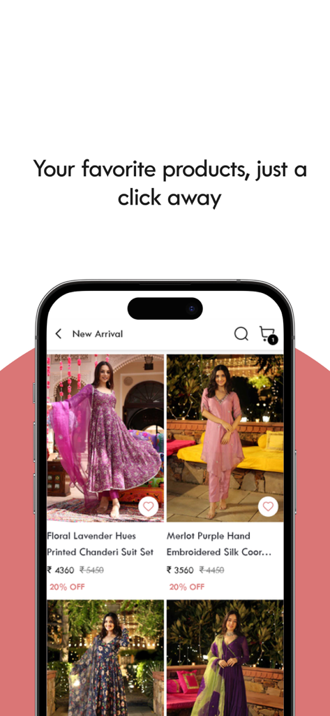 Aachho - Aachho Mobile App-Oberfläche, die eine Kollektion von neuen Ankunft-Indischen Ethno-Anzügen für Frauen zeigt.