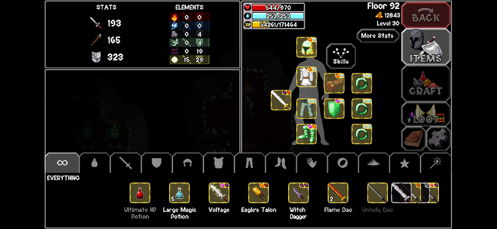 The Enchanted Cave 2 - Pantalla de gestión de inventario y equipo del personaje en The Enchanted Cave 2