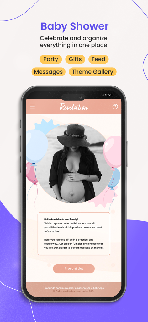 Pantalla móvil para organizar un baby shower digital con una lista de regalos personalizada y detalles del evento
