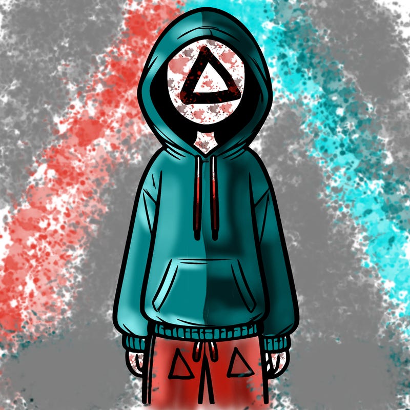 faceless girl in a tracksuit with a hood on and no hair