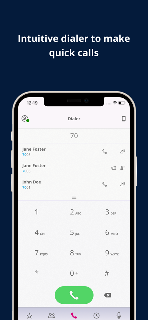 Unigy Mobile Client - Unigy Mobile Client dialer interface with keypad and contacts for fast communication