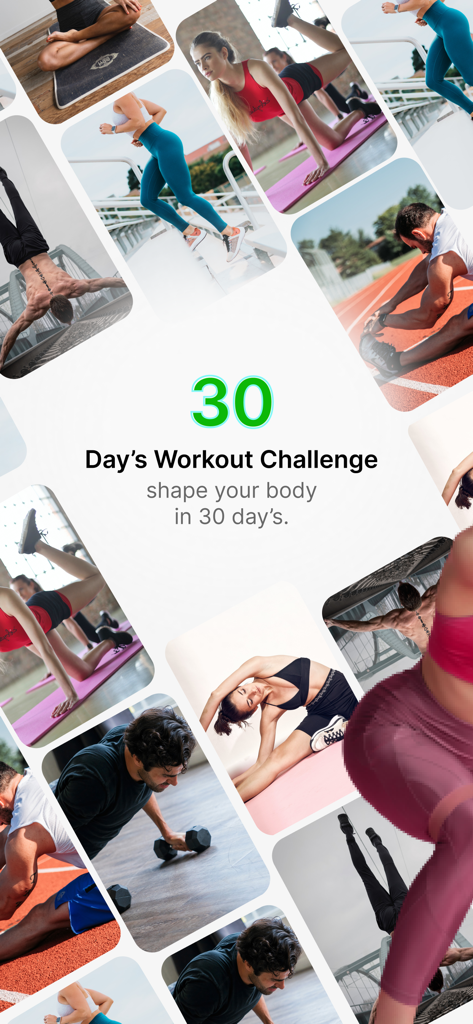 30 days Excercise challenge - Collage mostrando a varias personas realizando ejercicios para un desafío de fitness de 30 días