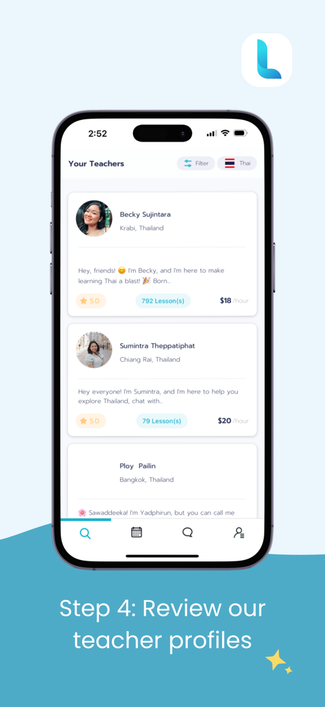 Ling Live 앱에서 평점 및 시간당 요금이 표시된 원어민 태국어 교사 프로필 목록을 보여주는 화면