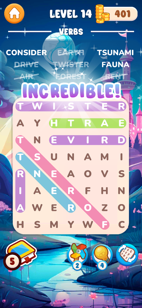 Mobile game screen showing a word search puzzle with several words highlighted and a celebratory message