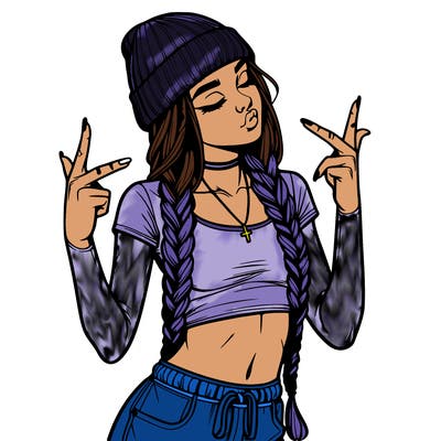 realistic teenage girl with braids and a beanie and crop top doing 🫶🏼