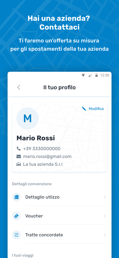 itTaxi - Tela de perfil empresarial do aplicativo móvel itTaxi mostrando detalhes do usuário corporativo e opções de gerenciamento de viagens