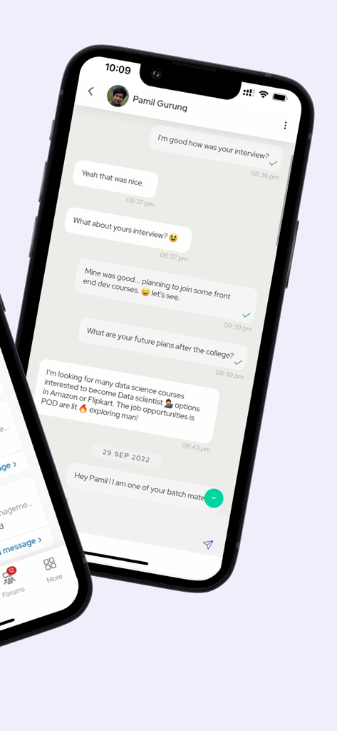 pod.ai - A mobile chat interface on the pod.ai app showing a career focused conversation between students about interviews and job plans