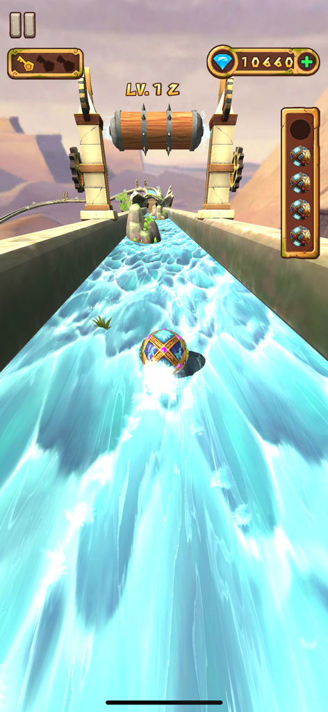 Temple Rolling Balls - A decorative ball rolling through a water channel in a temple-themed level.