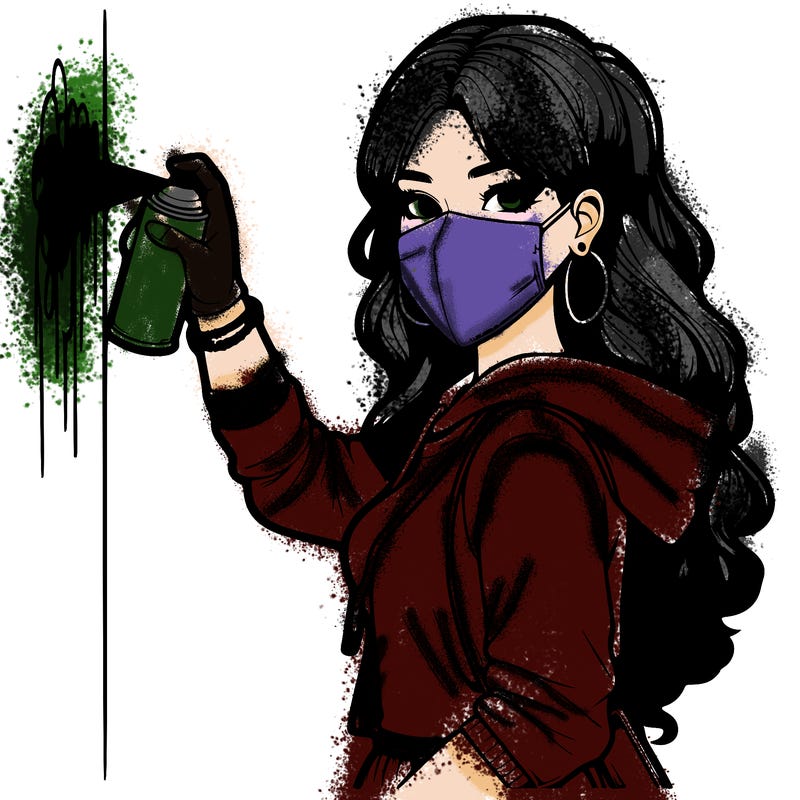 realistic girl with mask spray painting a wall