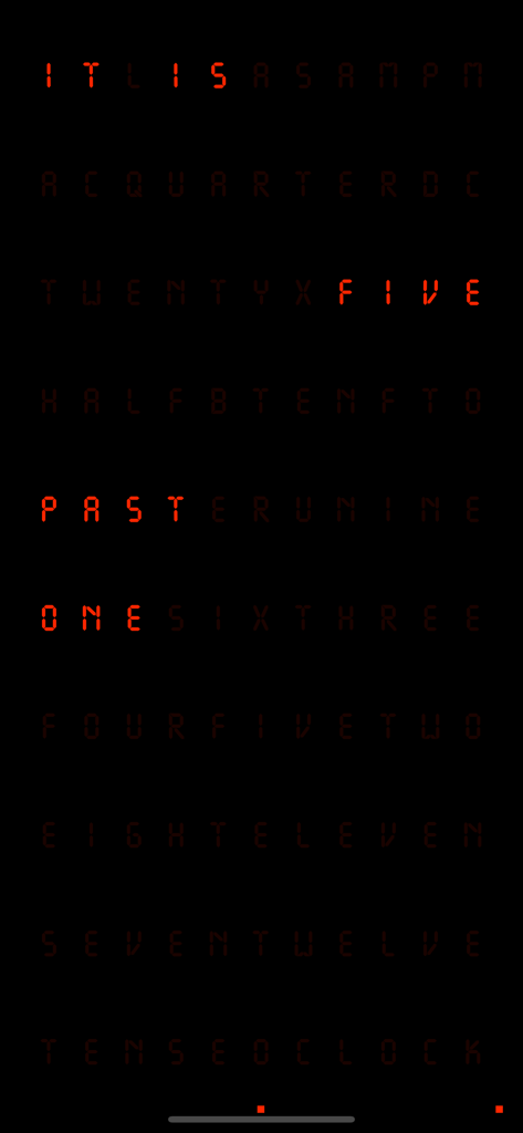 Pixel Clock - Retro Style - A retro pixel style word clock displaying the time it is five past one in red text on a black background