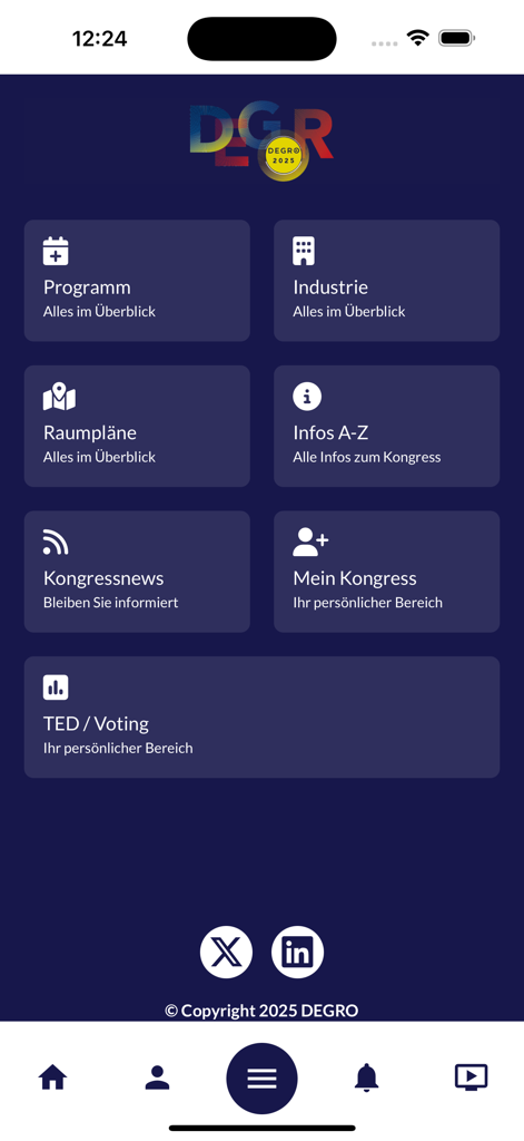 The home screen of the DEGRO 2025 medical conference app displaying navigation menus for the program, room plans, and news.