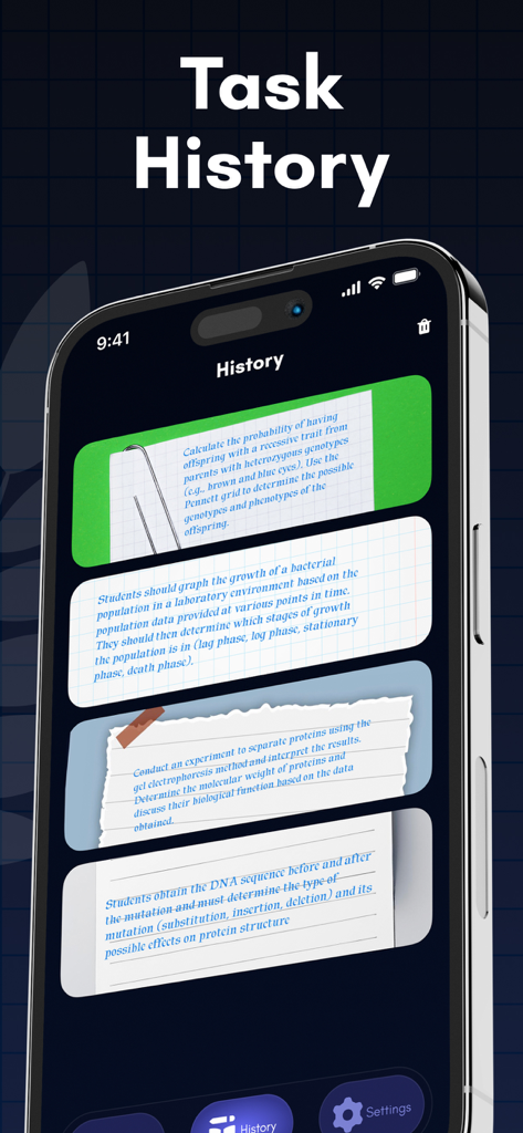 Biology Solver: Answer Helper - Mobile app screen displaying a history of solved biology homework assignments.