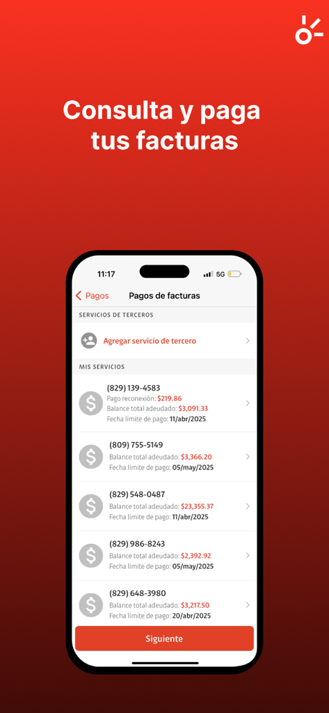 Mi Claro -República Dominicana - Interface of the Mi Claro Republica Dominicana app showing the bill payment screen with multiple account balances and due dates