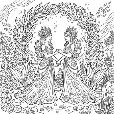 Immerse yourself in a magical underwater wedding with this exquisite coloring page featuring two graceful Mermaid Shamans. Adorned in elegant gowns and coral crowns, they celebrate their union amidst a vibrant ocean full of life, ready for your creative touch.
