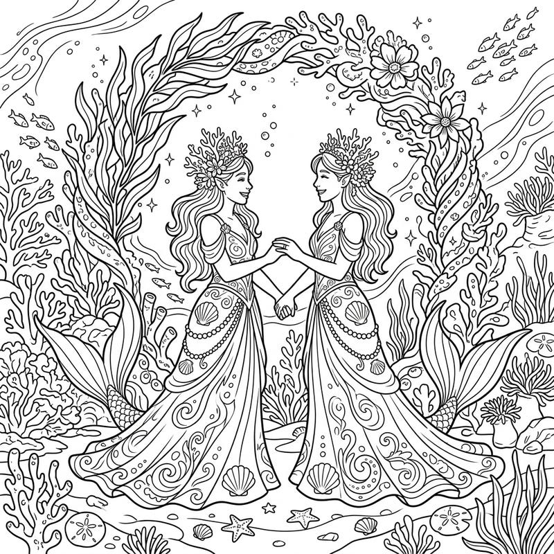 Immerse yourself in a magical underwater wedding with this exquisite coloring page featuring two graceful Mermaid Shamans. Adorned in elegant gowns and coral crowns, they celebrate their union amidst a vibrant ocean full of life, ready for your creative touch.