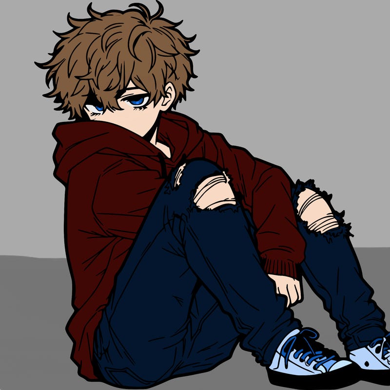 a male hoddie ripped jeans messy hair anime