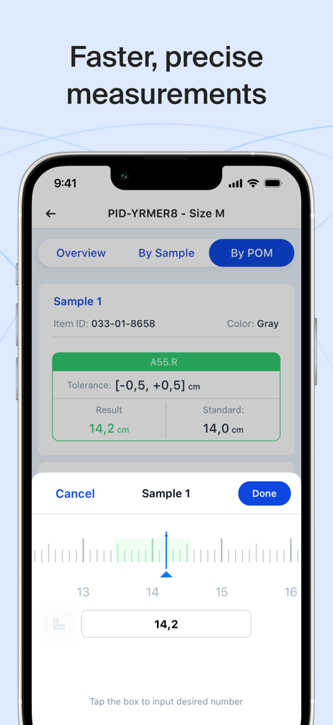 Interface do aplicativo Inspectorio QRM mostrando entrada de medição precisa com comparações de tolerância e padrão