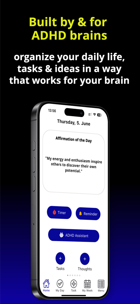 ADHD Easy-Do your ADHD Planner - Home screen of ADHD Easy-Do app featuring daily affirmations and planning tools like a timer and AI assistant