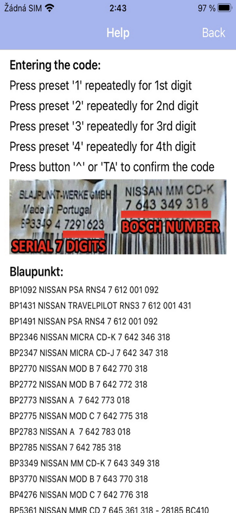 Pantalla de ayuda que muestra instrucciones para ingresar un código de radio y una lista de modelos Blaupunkt compatibles para vehículos Nissan